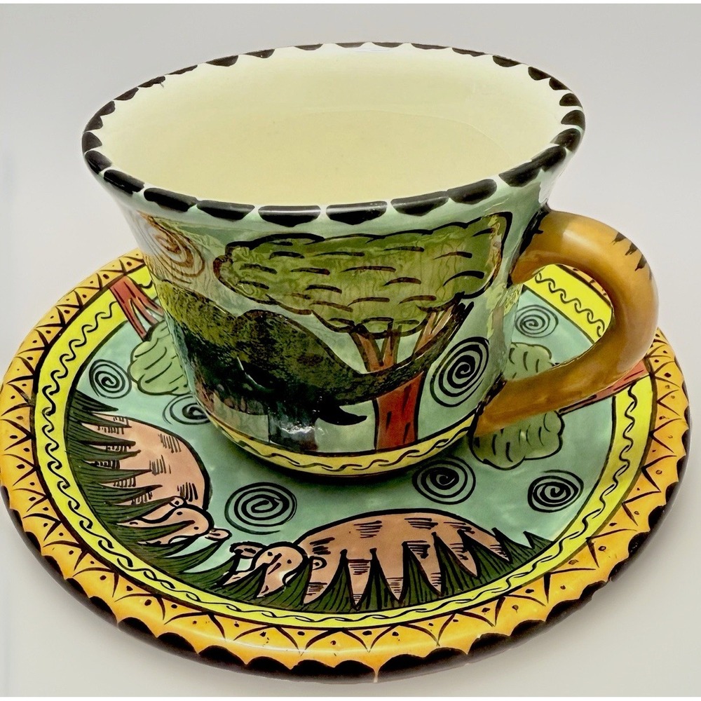 Art Pottery PENZO Zimbabwe Africa Elephant Cup Saucer Hand Painted Artist Signed